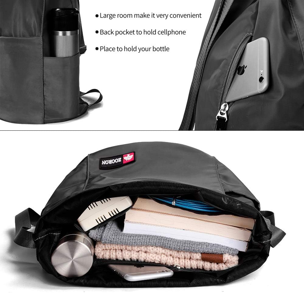 ZOORON Waterproof Drawstring Gym Backpack Bag for Men & Women, Sport Gym Sack Mini Travel Daypack