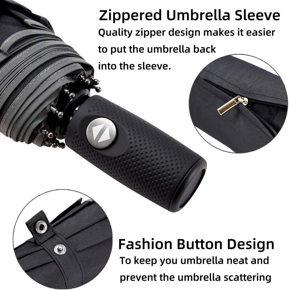 FDJASGY Windproof Travel Umbrella with Teflon Coating Auto Open Close Lightweight Sun&Rain Umbrella with 10 Rib Construction and Reflective Stripe Zipper Pouch