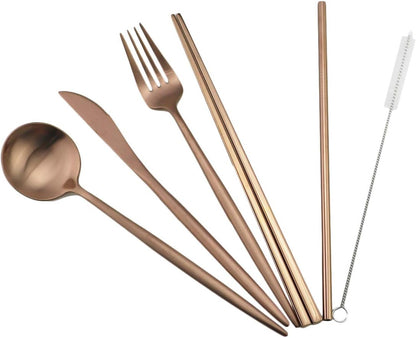 Gugrida Luxury Rose Gold Matte Portable 18/10 Stainless Steel Travel Flatware Sets of 7 Portable Camping Cutlery Set, Healthy & Eco-Friendly Flatware Set with Carrying Case for Travel or Camping