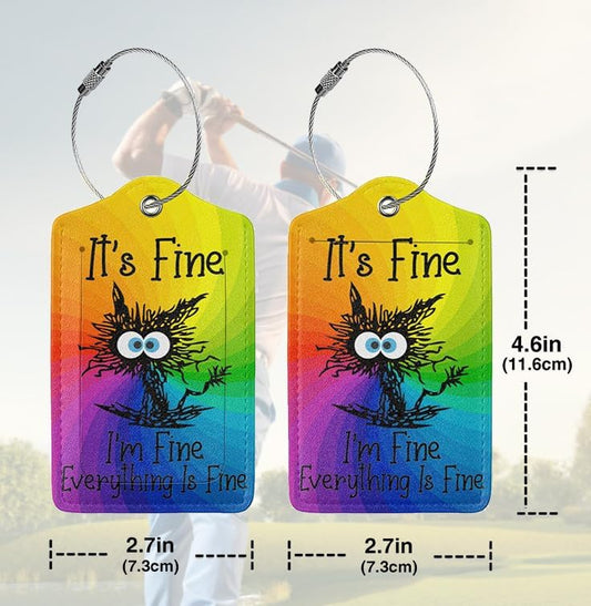 2 Pack Luggage Tags for suitcases Funny Cute Rainbow I'm Fine It's Fine Luggage Tag, Leather Stainless Steel Loop Label Tag for Men Women Travel Bag Suitcase(Rainbow Fine)