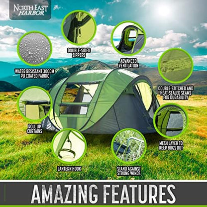 4 Person Easy Pop Up Tent Water-Resistant Lightweight Portable Camping Instant Tent Quick Automatic Setup, with Porch Ideal for Camping, Backpacking, Hiking, Traveling, Beach, Festival