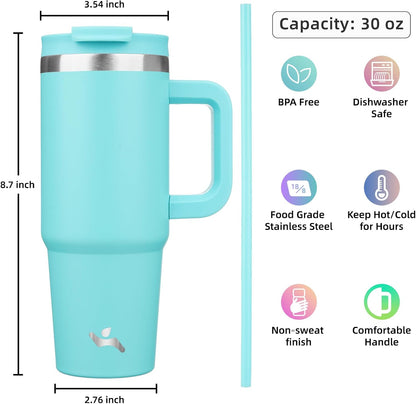 30 oz Tumbler with Handle and 2 Straws,2 in 1 Lid Insulated Water Bottle Stainless Steel Travel Coffee Mug,Turquoise