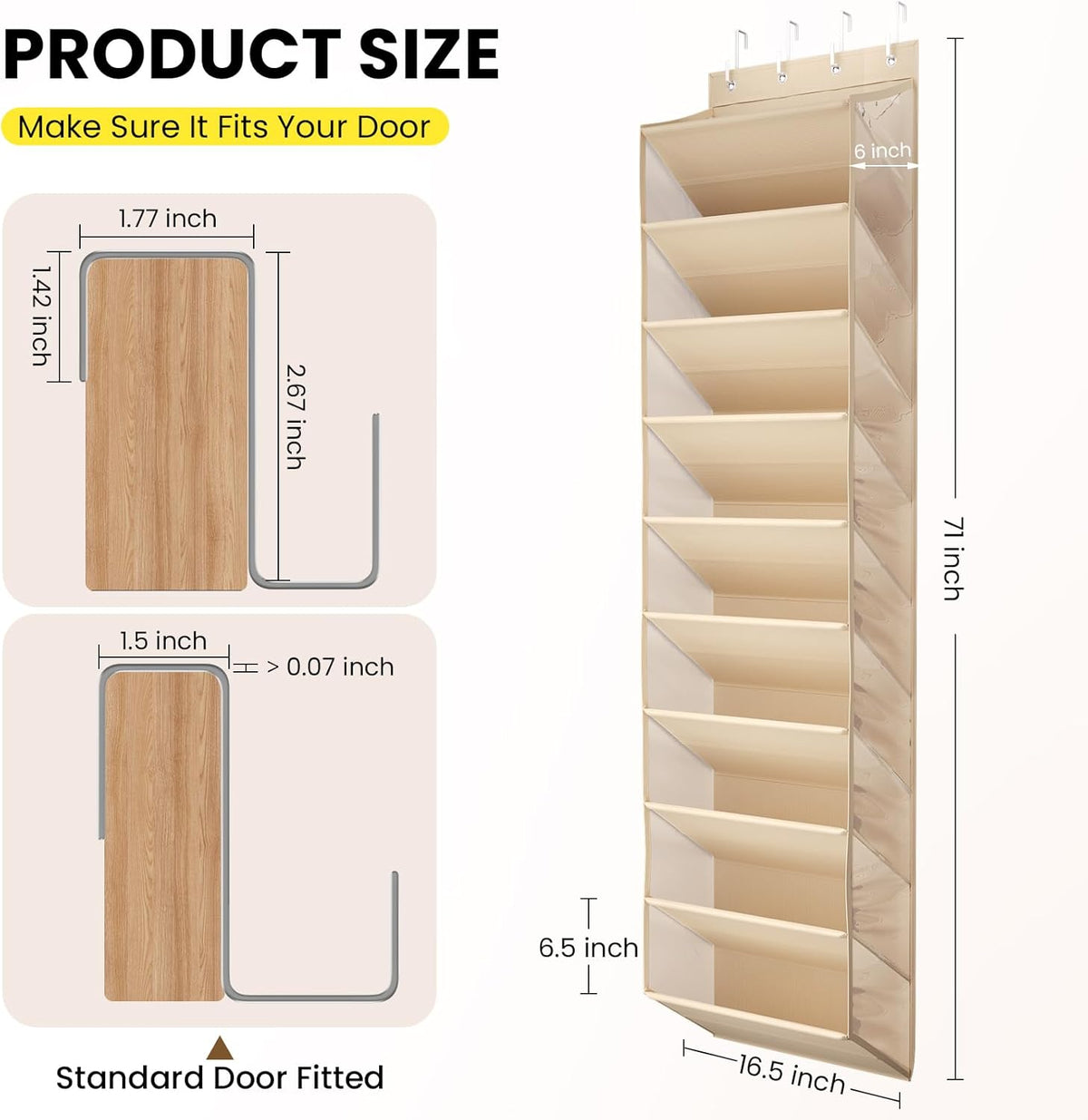 Over the Door Shoe Organizer for Closet, Shoes Rack with 10 Tier PVC Window Deep Pockets, Hanging Shoe Organizers for Boot Storage, Behind the Door Narrow Shoe Holder for Small Shoes, Beige