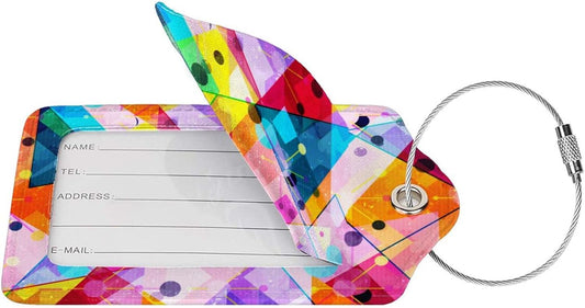 2-Pack PU Leather Luggage Tag with Colorful Geometric Pattern, Rainbow Airport Suitcase Baggage Label Tags, Business ID Card Holders Gifts for Women Men Girls Boys Kids Crew