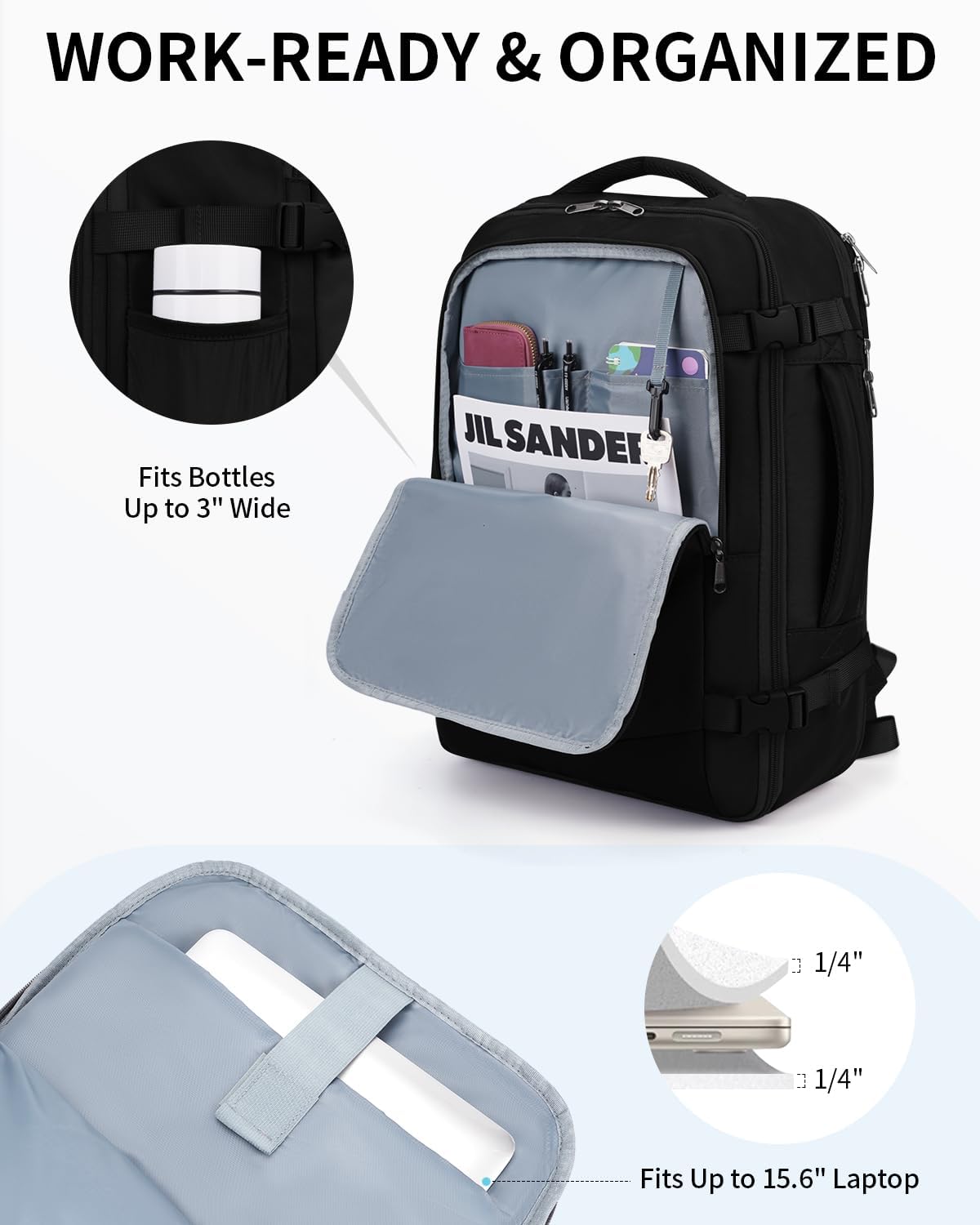 ECOHUB 30L Carry on Travel Backpack for Men Women 18x14x8, 17 inch Expandable Airlines Personal Item Bag Water Resistant Laptop Backpack Flight Approved with USB Slot & Wet Pocket, Black