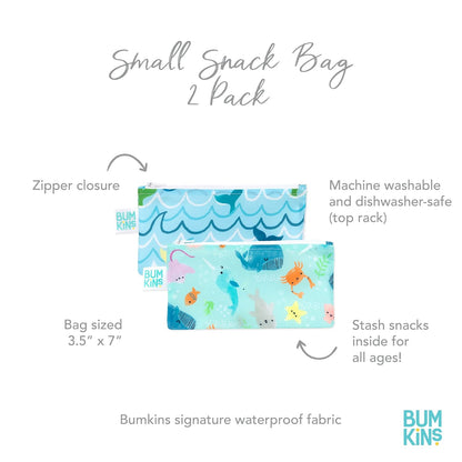 Bumkins Reusable Snack Bags, for Kids School Lunch and for Adults Portion, Washable Fabric, Waterproof Cloth Zip Bag, Supplies Travel Pouch, Food-Safe Storage, 2-pk Blue Ocean Life