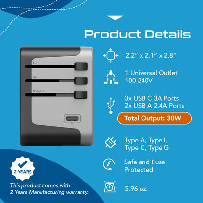 Universal Travel Power Adapter, Ceptics 6 in 1 Worldwide International Wall Charger with 2X USB-A - 3X USB-C 6A, Travel Power Adapter for for USA EU UK AUS Mobiles Laptops Cameras, UP-30KU-BL