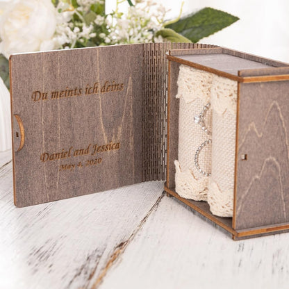 Personalized Double Ring Box – Rustic Wooden Engagement & Wedding Ring Holder with Wedding Ring Bearer Pillow - Engraved Proposal Jewelry Case Gift