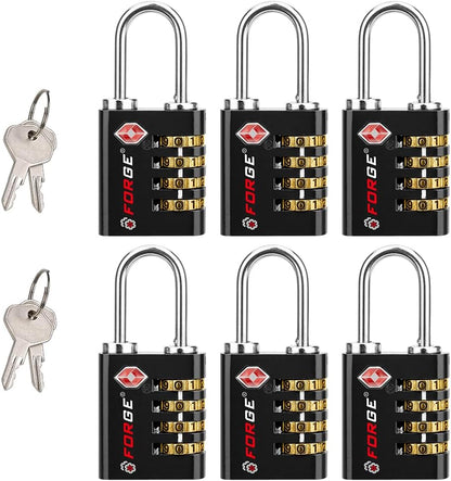 Forge Dual-Opening: Key or Combination Access Lock, TSA Approved Locks for Luggage, Pelican case, Travel, Gym, School, Stainless Steel Shackle.(Black 6 Pk)