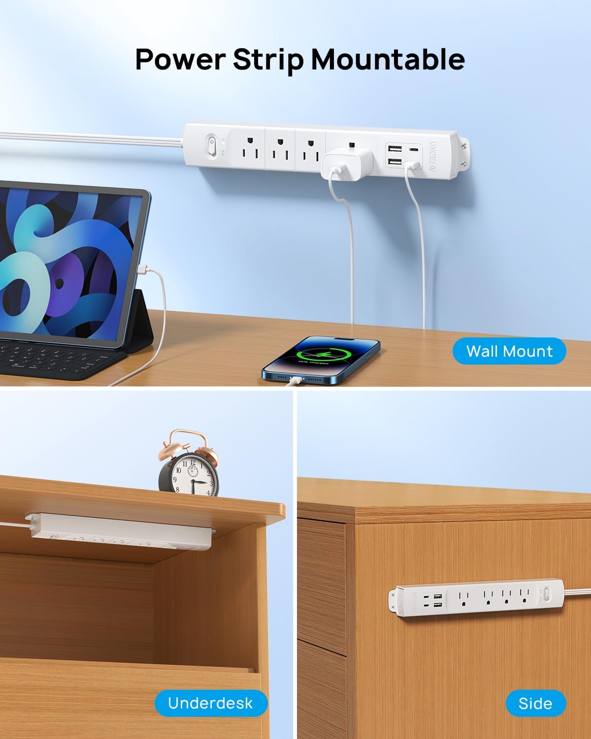 TROND Flat Plug Power Strip USB-5ft Flat Extension Cord Surge Protector Wall Mount, 2 Type C & 2 USB A Ports with Multiple Outlets, 1440J, 1625W for Office Supplies Dorm Room Essentials, White