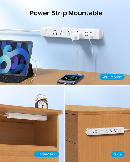 TROND Flat Plug Power Strip USB-5ft Flat Extension Cord Surge Protector Wall Mount, 2 Type C & 2 USB A Ports with Multiple Outlets, 1440J, 1625W for Office Supplies Dorm Room Essentials, White