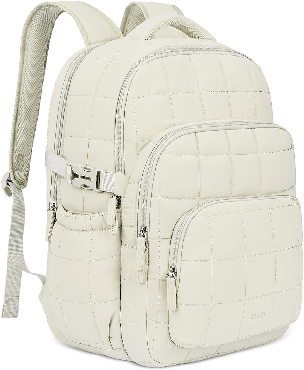 CLUCI 17.3 Inch Laptop Backpack for Women, Anti Theft Travel Backpack, Puffer Quilted Work Backpack, Water Resistant College Bookbag, Carry on backpack with RFID (Beige)