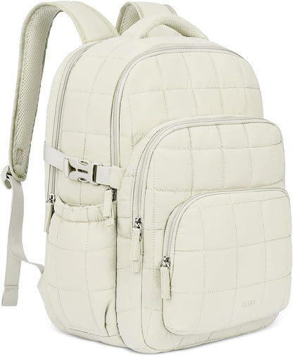 CLUCI 17.3 Inch Laptop Backpack for Women, Anti Theft Travel Backpack, Puffer Quilted Work Backpack, Water Resistant College Bookbag, Carry on backpack with RFID (Beige)