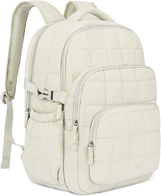 CLUCI 17.3 Inch Laptop Backpack for Women, Anti Theft Travel Backpack, Puffer Quilted Work Backpack, Water Resistant College Bookbag, Carry on backpack with RFID (Beige)