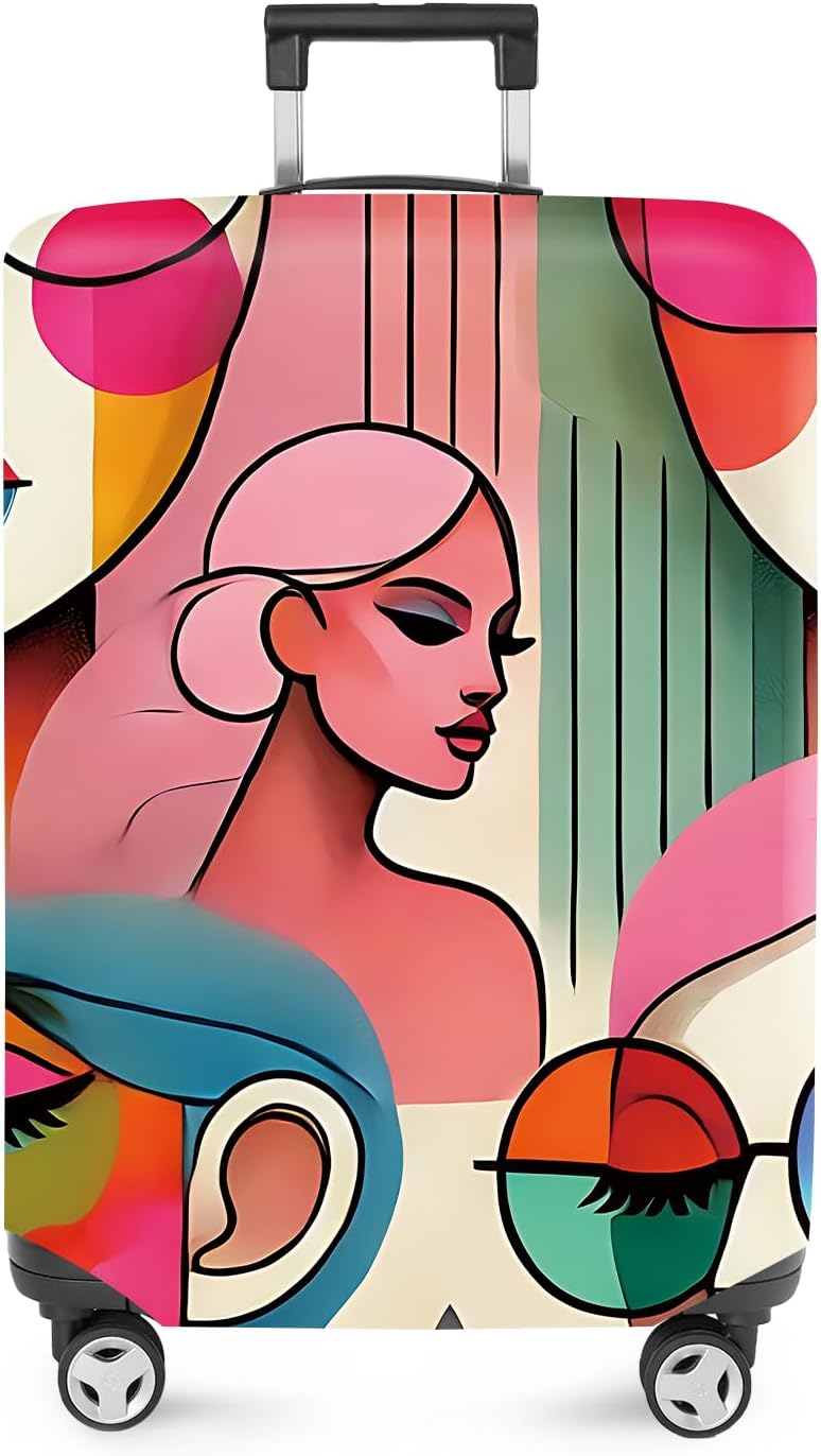 ANNA QUEEN Modern Art Fashion Luggage Cover, Stylish Abstract Woman Suitcase Protector, Washable, Stretchable Travel Sleeve for 32-34 Inch Luggage, Trendy, Colorful Design