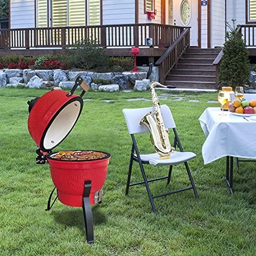 13" Portable Round Ceramic Charcoal Grill,Outdoor Barbecue Smoker,Heavy Duty Outdoor BBQ Grill,Vertical Camping Barbecue Grill,with Built-in Thermometer,for Garden Patio Beach Backyard (Orange)