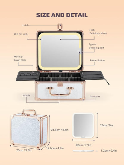 Qislee Makeup Box with A Detachable Lighted Mirror, Waterproof Travel Train Case, Cosmetic Organizer and Makeup Suitcase with Adjustable Dividers, Magnetic LED Mirror(Bright White)