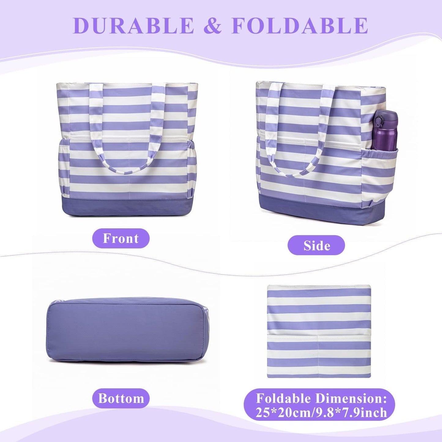 VASCHY Beach Bag for Women, Large Waterproof Sandproof Fold-able Packable Pool Tote Bag w Zipper/Pockets