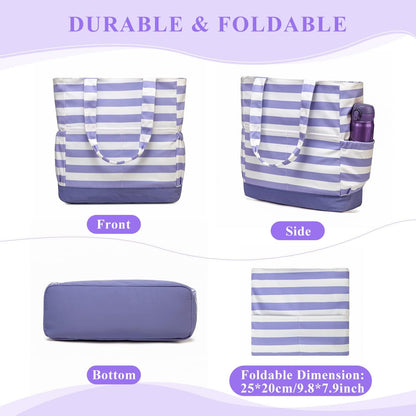 VASCHY Beach Bag for Women, Large Waterproof Sandproof Fold-able Packable Pool Tote Bag w Zipper/Pockets