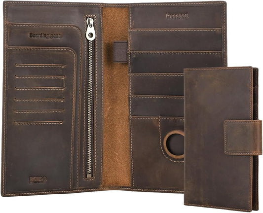 CONTACTS Full Grain Leather Family Passport Holder for 4 Airtag Passport Wallet RFID Blocking Travel Passport Cover with 4 Passport Slot, 6 Card Slot (Brown)
