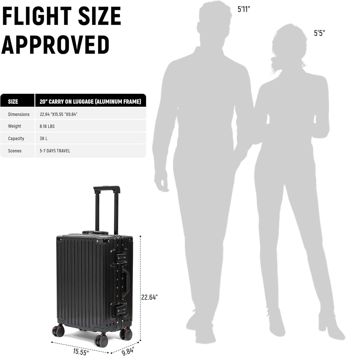 UrbanExplorer 20 Inch Carry On Luggage Aluminum Frame Airline Approved, Zipperless Luggage Carry On TSA Approved ABS+PC Hard Shell Suitcases, Lightweight Carry-On Suitcase with Cup Holder, Black