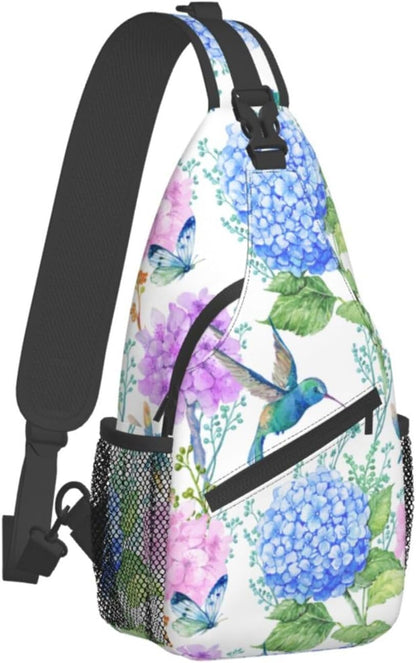 SUPLUCHOM Sling Bag Spring Hummingbird Flower Hydrangea Hiking Daypack Crossbody Shoulder Backpack Travel Chest Pack for Men Women Over 12 Years Old