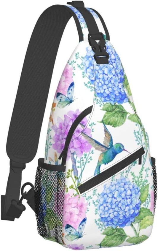 SUPLUCHOM Sling Bag Spring Hummingbird Flower Hydrangea Hiking Daypack Crossbody Shoulder Backpack Travel Chest Pack for Men Women Over 12 Years Old