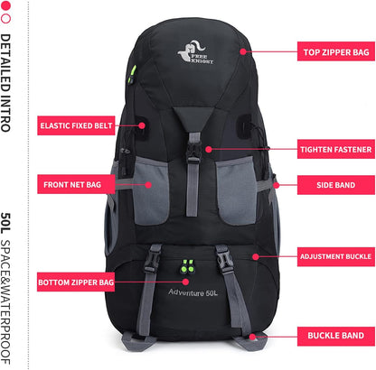 Bseash 50L Hiking Backpack, Water Resistant Lightweight Outdoor Sport Daypack Travel Bag for Camping Climbing Skiing Cycling (Black - No Shoe Compartment)