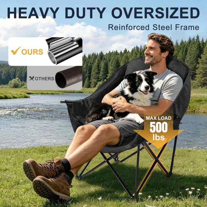 Oversized Camping Chair for Adults, 500 LBS Heavy Duty Folding Chair, Black