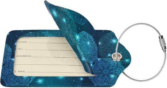 2Pcs Glowing Mandala Themed Luggage Tags for Suitcases, Beautiful Art Teal Blue Name ID Identifier Labels for Baggage Travel Bag, Shine Aesthetic Leather Bag Tags with Full Privacy Cover