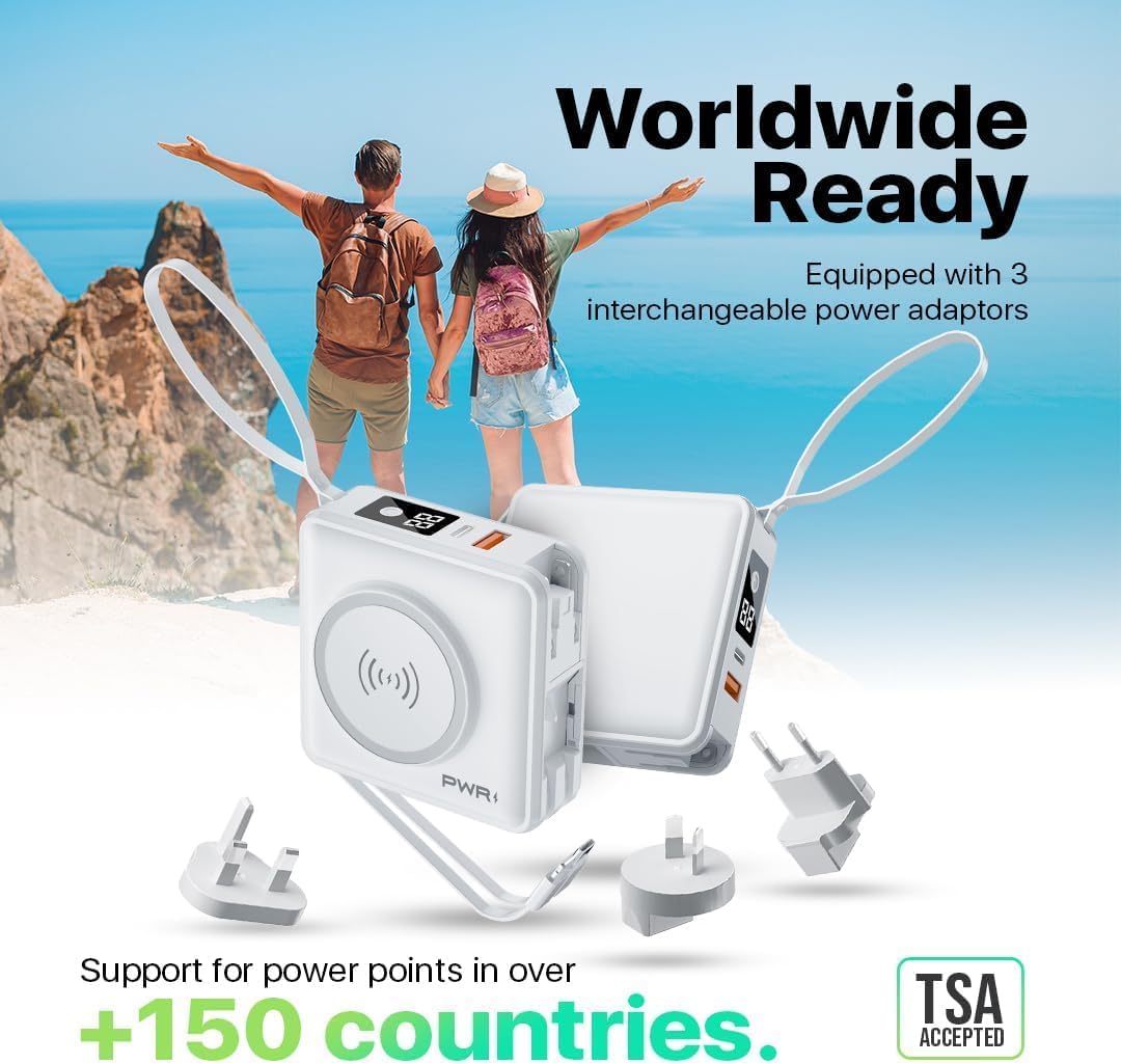 PWR Travel PRO 5-in-1 Power Bank – 10,000mAh with Built-in Cables – 20W USB-C + 15W Wireless Charging – Compact Portable Charger for iPhone & Android - White