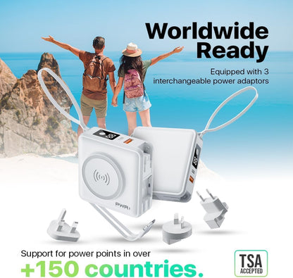 PWR Travel PRO 5-in-1 Power Bank – 10,000mAh with Built-in Cables – 20W USB-C + 15W Wireless Charging – Compact Portable Charger for iPhone & Android - White