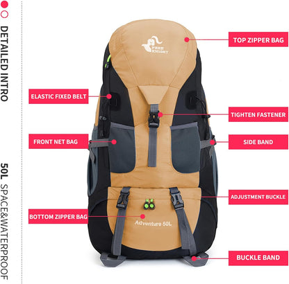 Bseash 50L Hiking Backpack, Water Resistant Lightweight Outdoor Sport Daypack Travel Bag for Camping Climbing Skiing Cycling (Gold - With Shoe Compartment)