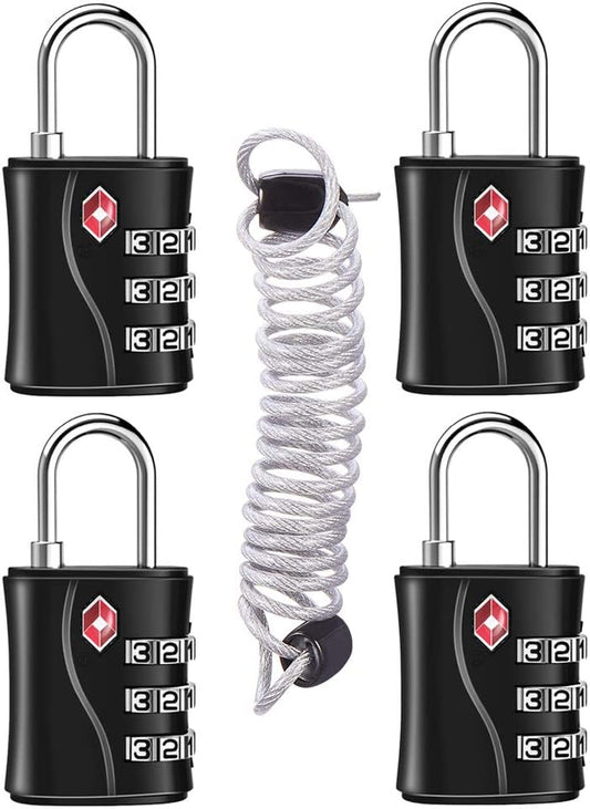 ZHEGE Luggage Lock for Train 4 Pack, 1 Cable (30 Inch), TSA Approved Travel Cable Lock for Backpack, Suitcase, School Gym Locker (4 Pack, Black)