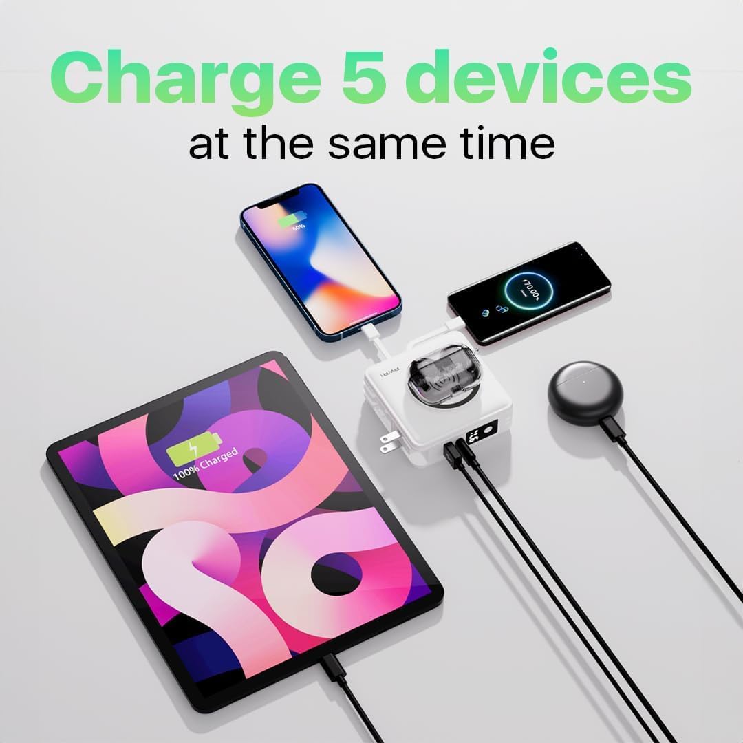 PWR Travel PRO 5-in-1 Power Bank – 10,000mAh with Built-in Cables – 20W USB-C + 15W Wireless Charging – Compact Portable Charger for iPhone & Android - White