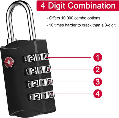 ZHEGE Luggage Lock for Train 4 Pack, 1 Cable (30 Inch), TSA Approved Travel Cable Lock for Backpack, Suitcase, School Gym Locker (4 Pack, Black)