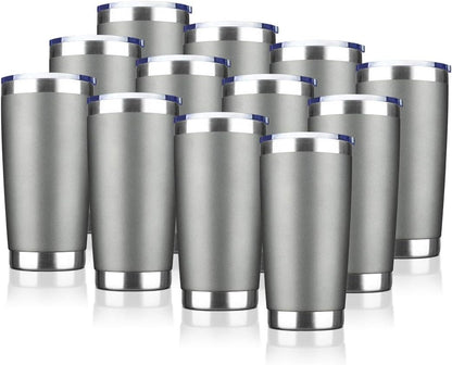 20oz Tumbler Bulk Stainless Steel Vacuum Insulated Tumblers with Lid Double Wall Travel Mug Durable Powder Coated Coffee Cup, Suitable for Ice Drinks and Hot Beverage (Gray 12pack)