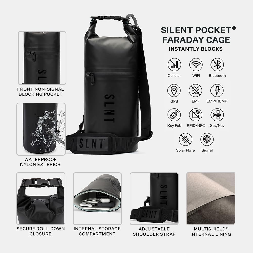 SLNT Waterproof Faraday Dry Bag - 420D Waterproof Nylon Signal Blocking Backpack - Protects Electronics from Water, Spying, Hacking - Blocks RFID, WiFi, Bluetooth, NFC, Cellular, GPS, EMF (10 Liter)
