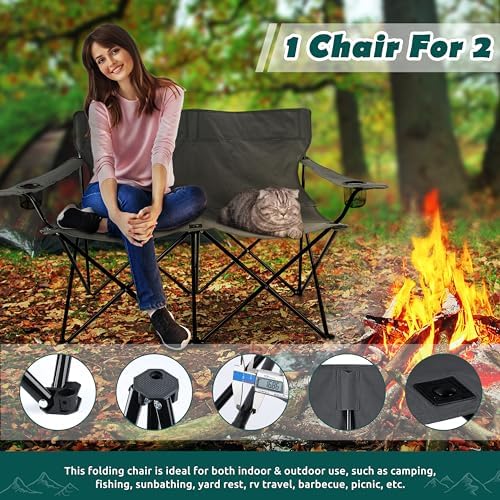 HaSteeL Foldable Camping Chair, Double Seat Folding Camp Chair for 2 Persons, Portable & Large for Outdoor Fishing, Hiking, Travel, Picnic, Beach, Lawn, Patio, Include Storage Bag (Grey)