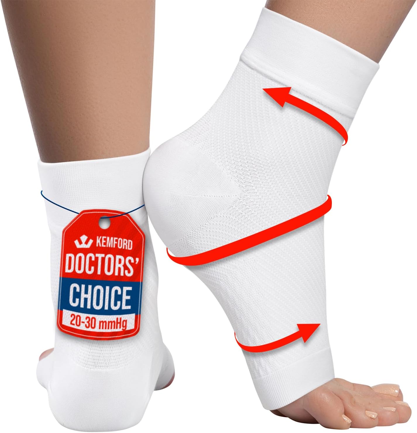 KEMFORD Ankle Compression Sleeve - Plantar Fasciitis Braces - Open Toe Compression Socks for Swelling, Sprain, Neuropathy, Foot Arch Support for Men and Women - 20-30mmhg, 2XL, White