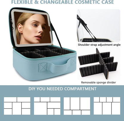 Travel Makeup Bag for Women and Makeup Artists Cosmetic Organizer Large Makeup Case,Travel Makeup Bag with Mirror 3 Color Setting,Portable Storage and Adjustable Dividers(baby blue)