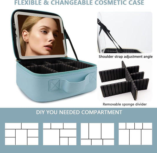 Travel Makeup Bag for Women and Makeup Artists Cosmetic Organizer Large Makeup Case,Travel Makeup Bag with Mirror 3 Color Setting,Portable Storage and Adjustable Dividers(baby blue)