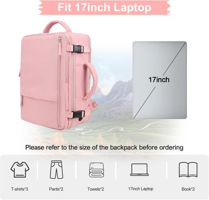 Hanples Carry on Travel Backpack for Women, Large 35L Personal Item Luggage Backpack,17 inch Laptop Backpack TSA Flight Approved, Travel Essentials Casual Daypack with 2 Toiletry Bags (Pink)