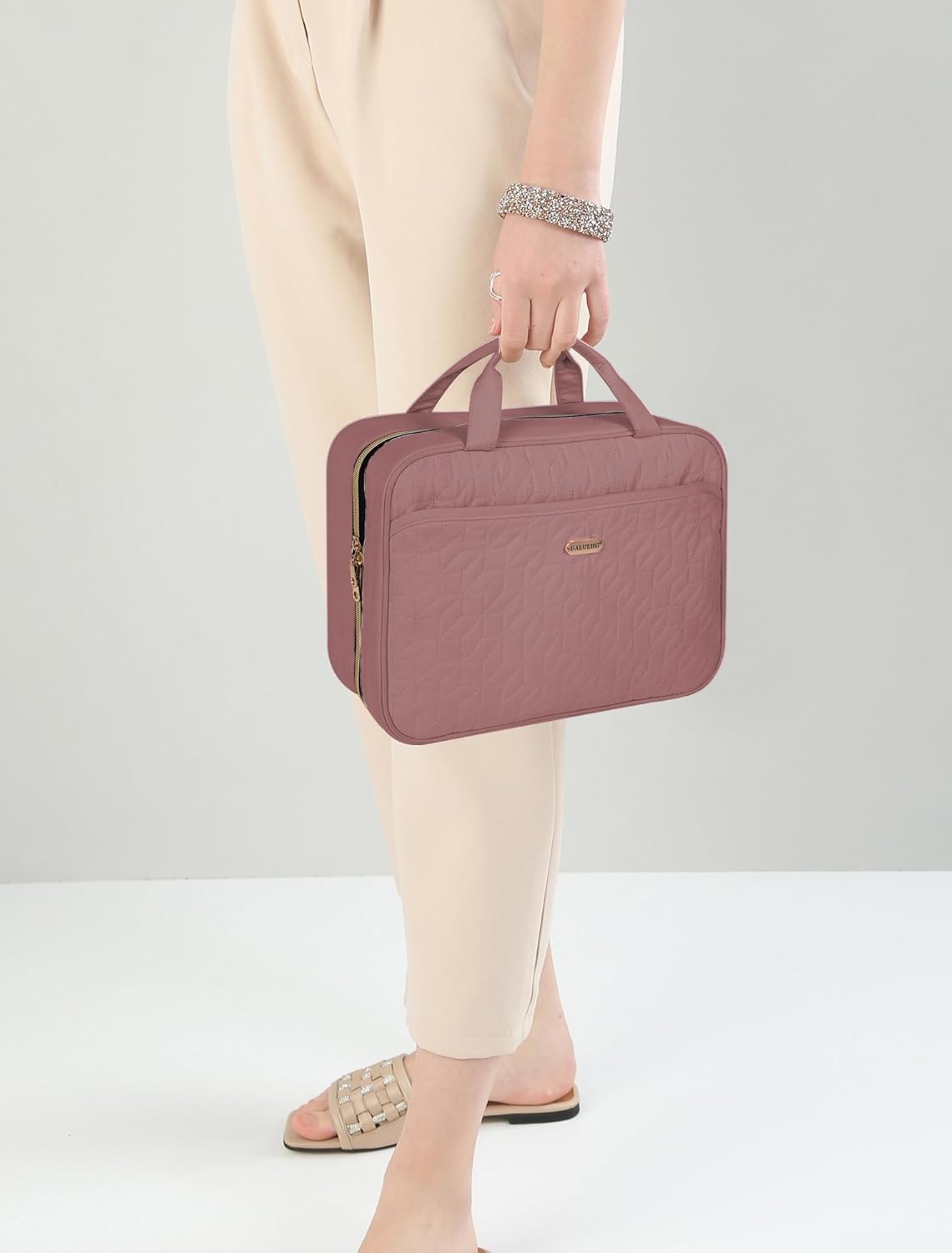 BALHLHG Toiletry Bag for Women With Hanging Hook, Medium Travel Makeup Organizer, Water-resistant Cosmetic Toiletries Bag for Bathroom, Trip, Business, Rosewood-Pink