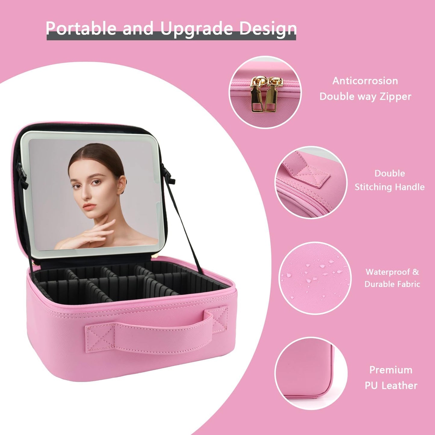 Makeup Bag with Led Mirror,Travel Makeup Organizer with 3 Color Setting, Portable Storage and Adjustable Dividers Travel Makeup Bag(Dark Pink)