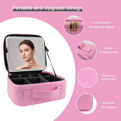 Makeup Bag with Led Mirror,Travel Makeup Organizer with 3 Color Setting, Portable Storage and Adjustable Dividers Travel Makeup Bag(Dark Pink)
