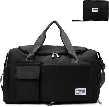 Multipurpose 20L Foldable Duffel Bag Gym Yoga Bag Carry-On Shopping Sack Travel Organizer Cabin Bag Sundry Package Wet&Dry Compartment (Black)