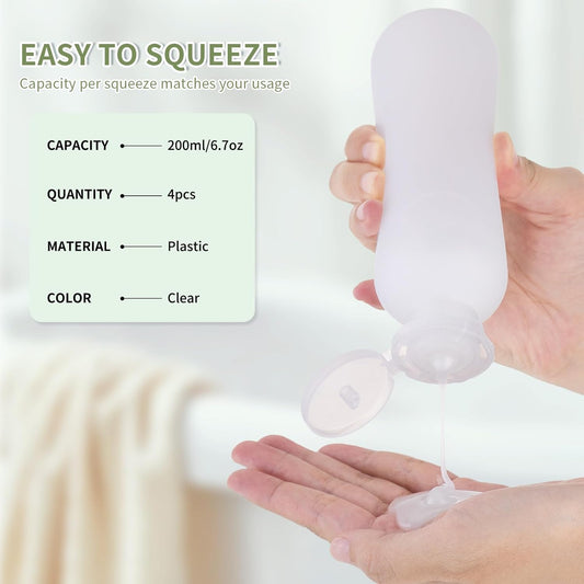 6.7oz Travel Shampoo Bottle, Empty Plastic Squeeze Bottles with Flip Cap, 4PCS Lotion Container for Toiletries (200ml,Clear)