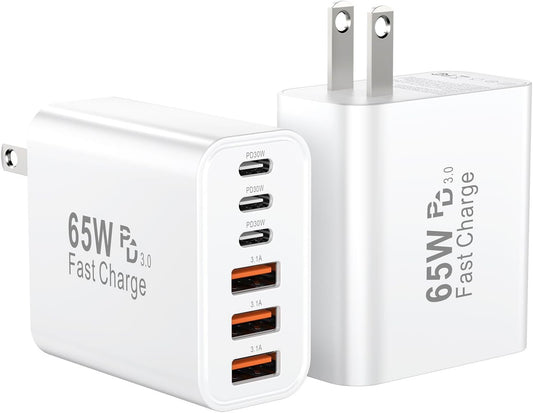 USB C Fast Charger Block, iPhone Charger Fast Charging Blocks 65W Multi Port Charger 6-Ports PD & QC Charging Cube Brick Power Adapter Type C Wall Chargers for iPhone 17/16/15/14/13/12 Pro Max, iPad