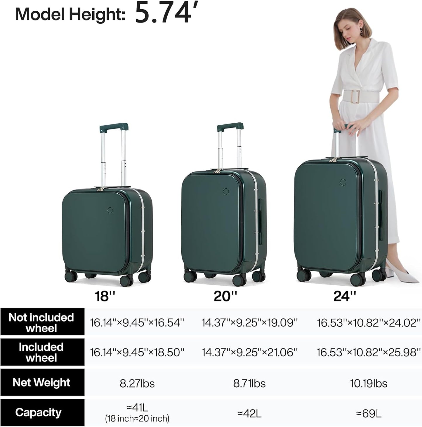 mixi Carry On Luggage, 20'' Suitcase with Front Laptop Pocket, Travel Rolling Luggage Aluminum Frame PC Hardside with Spinner Wheels & TSA Lock and Cover - Blackish Green